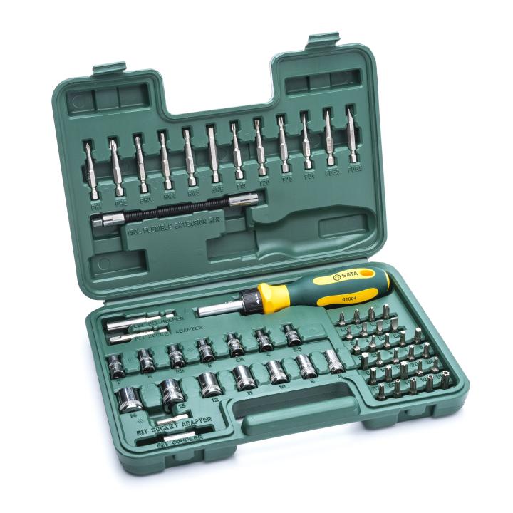 Image of 60 Pc. 1/4" Drive 6 Point Socket and Ratcheting Bit Driver Set - SATA